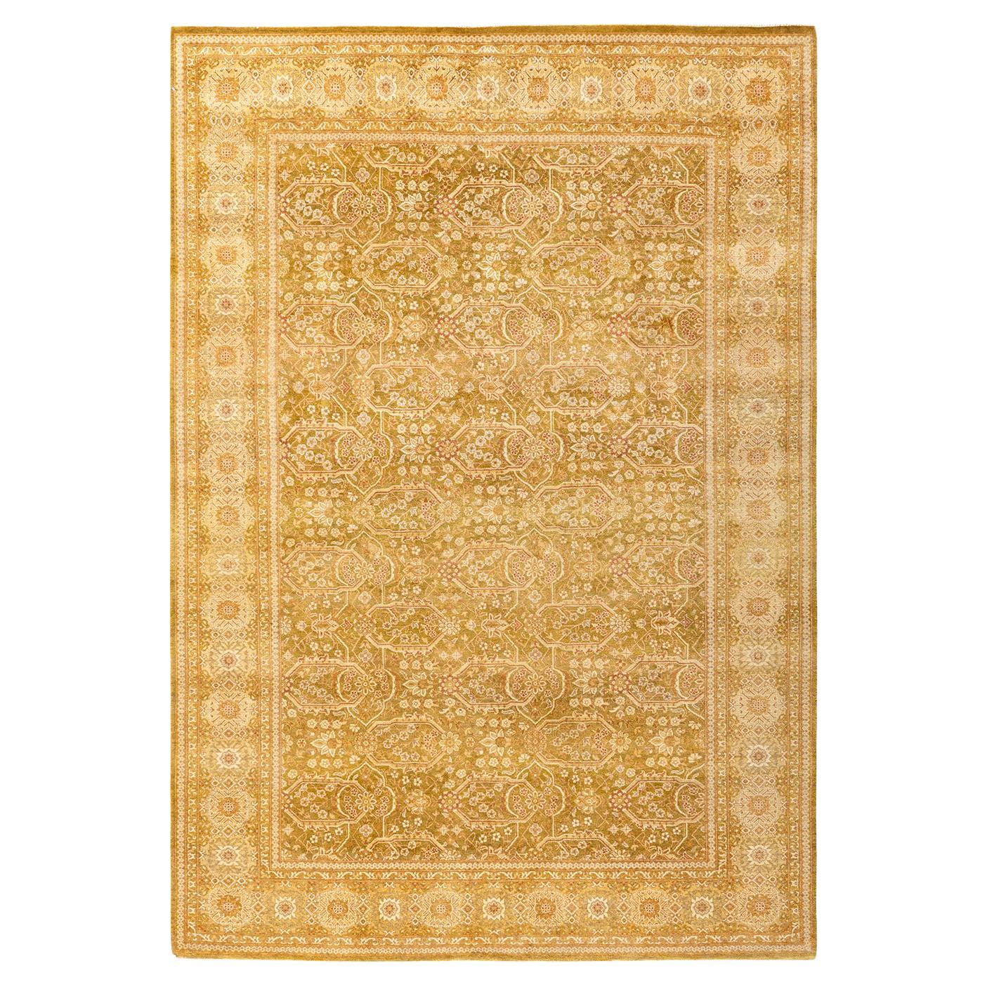 One-of-a-kind Hand Made Traditional Mogul Green Area Rug For Sale