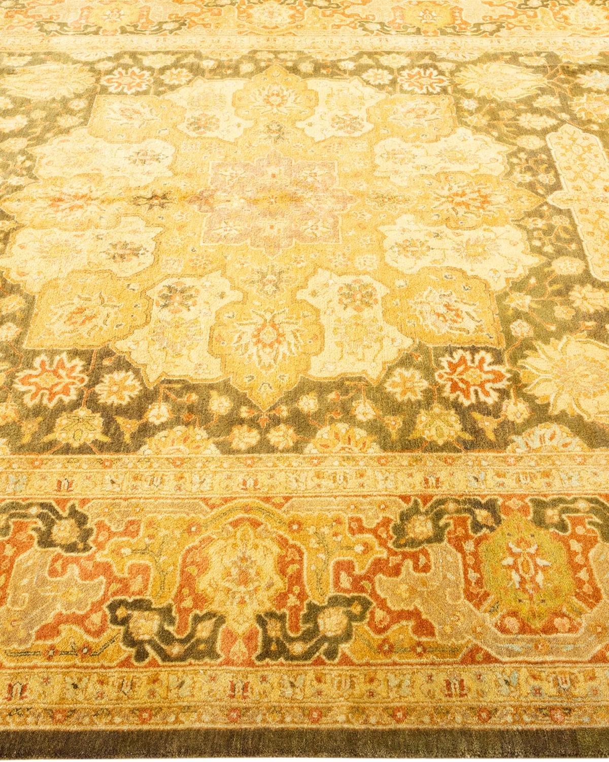 One-Of-A-Kind Hand Made Traditional Mogul Green Area Rug In New Condition For Sale In Norwalk, CT