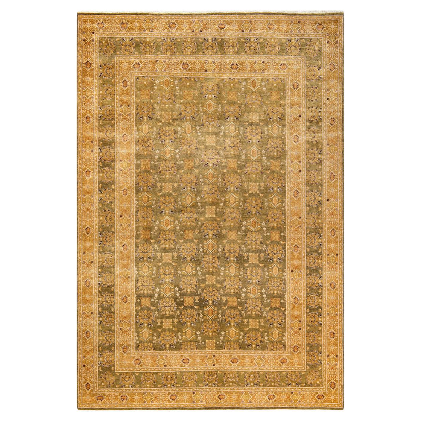 One-of-a-Kind Hand Made Traditional Mogul Green Area Rug For Sale