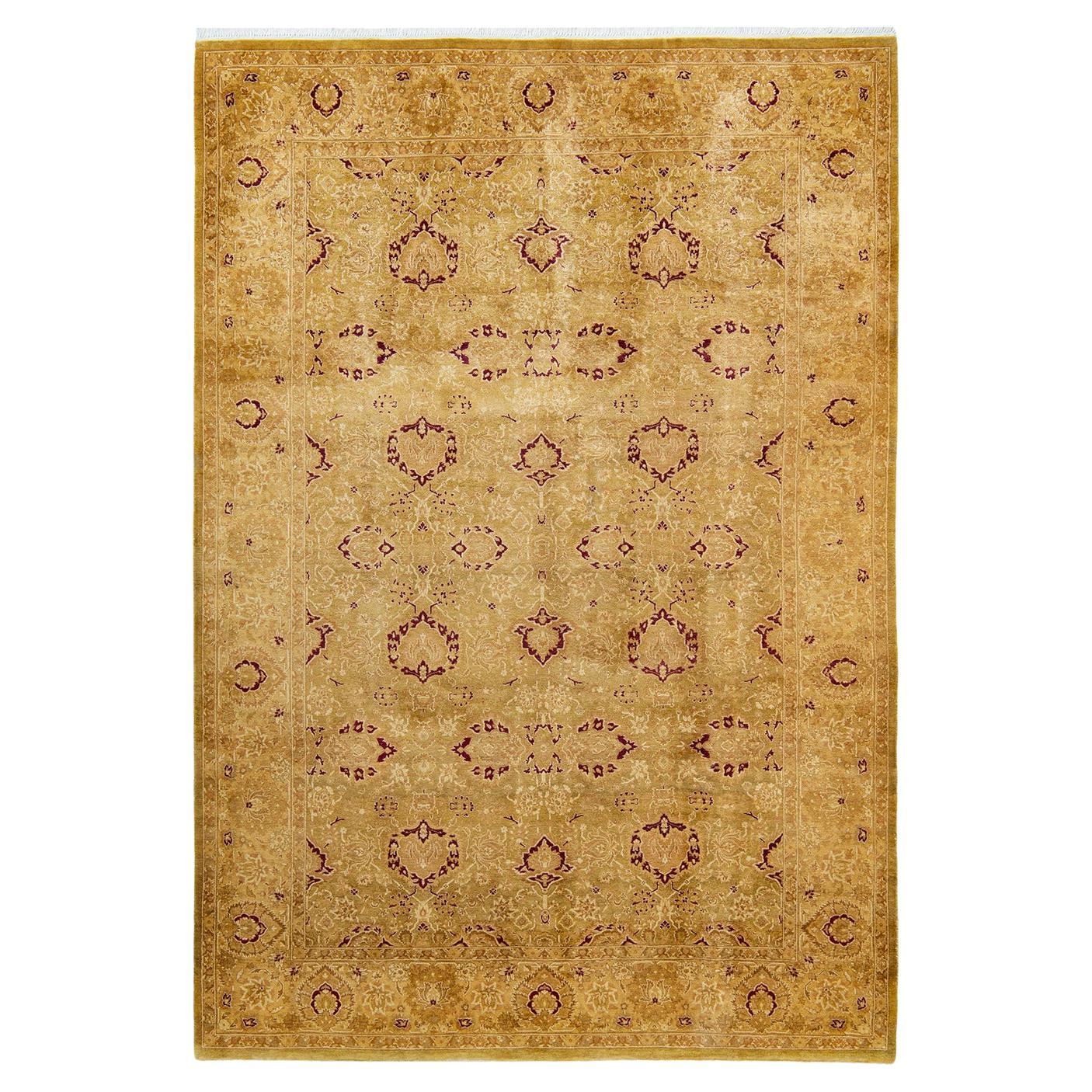 Tapis traditionnel Mogul vert, unique en son genre, fabriqué à la main