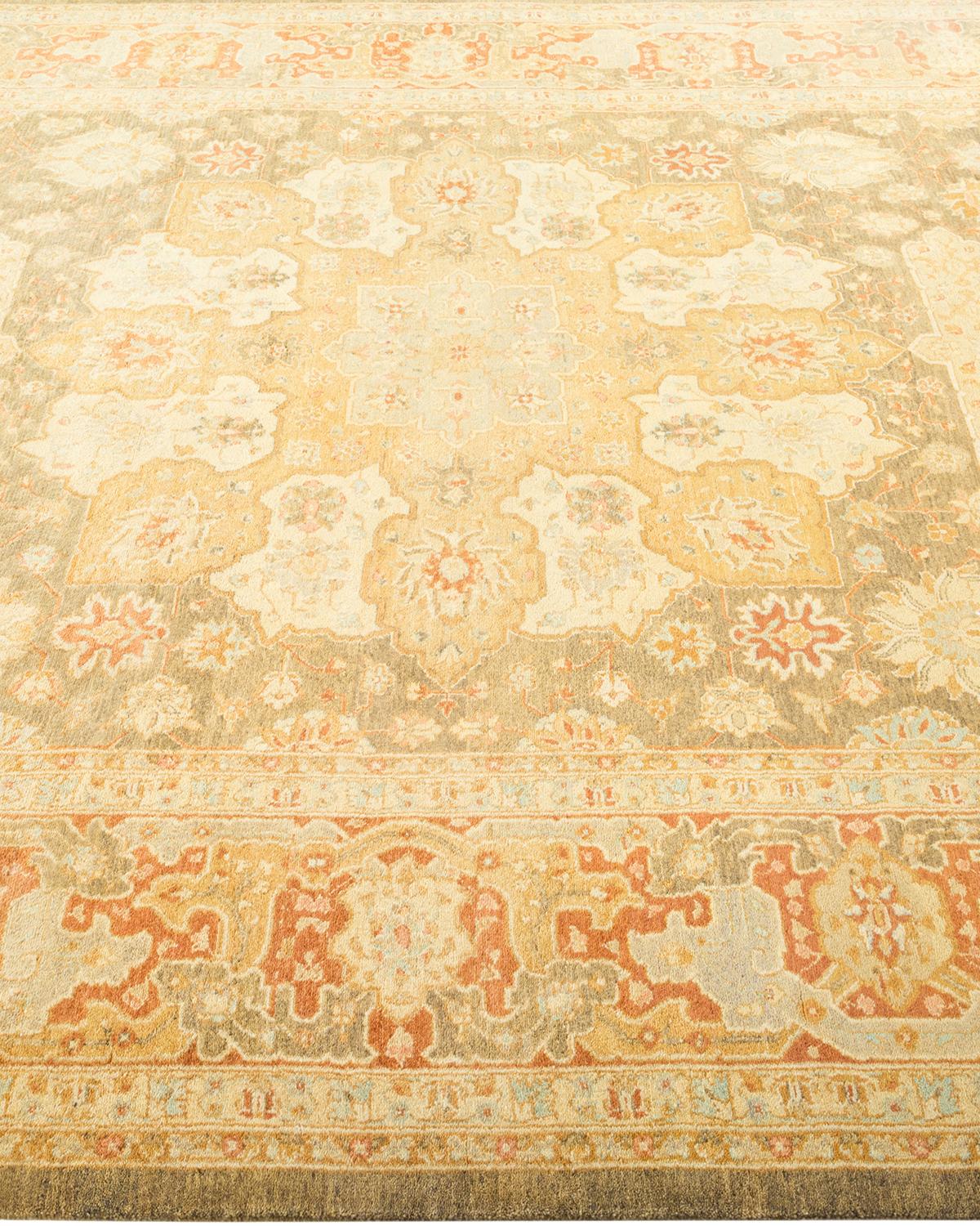 One-Of-A-Kind Hand Made Traditional Mogul Green Area Rug In New Condition For Sale In Norwalk, CT