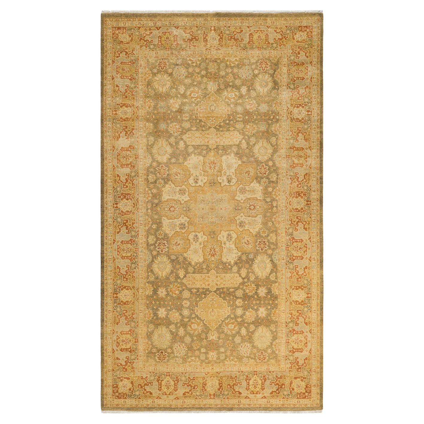 One-Of-A-Kind Hand Made Traditional Mogul Green Area Rug For Sale
