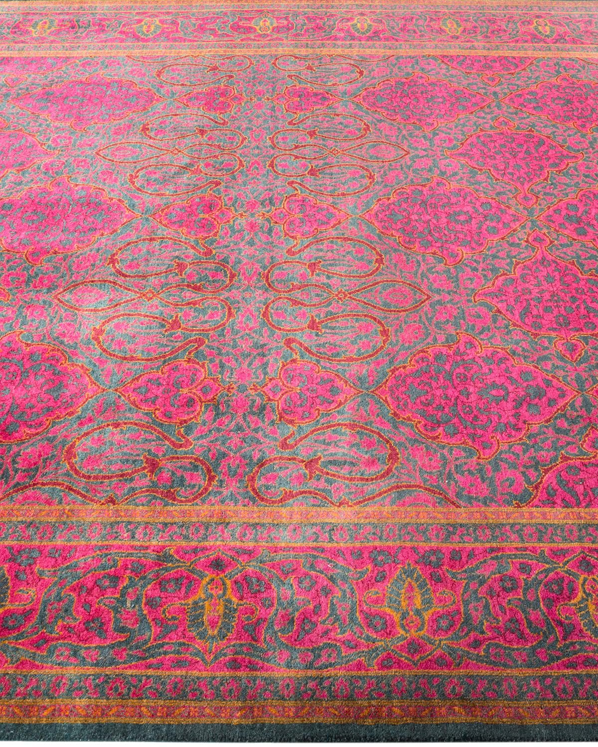 One-Of-A-Kind Hand Made Traditional Mogul Green Area Rug In New Condition For Sale In Norwalk, CT