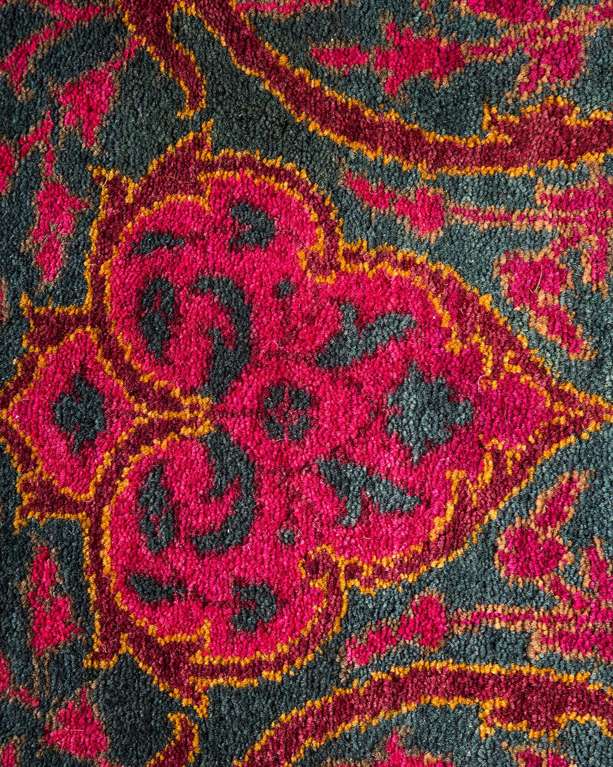 Contemporary One-Of-A-Kind Hand Made Traditional Mogul Green Area Rug For Sale