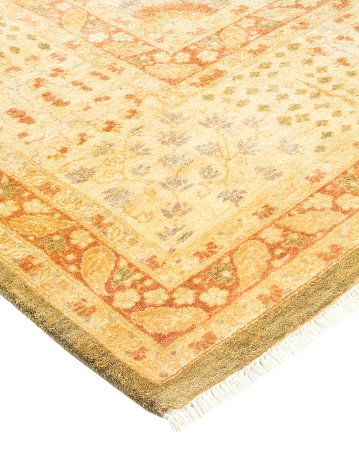 Laine Tapis traditionnel Mogul vert unique fait à la main, unique en son genre en vente
