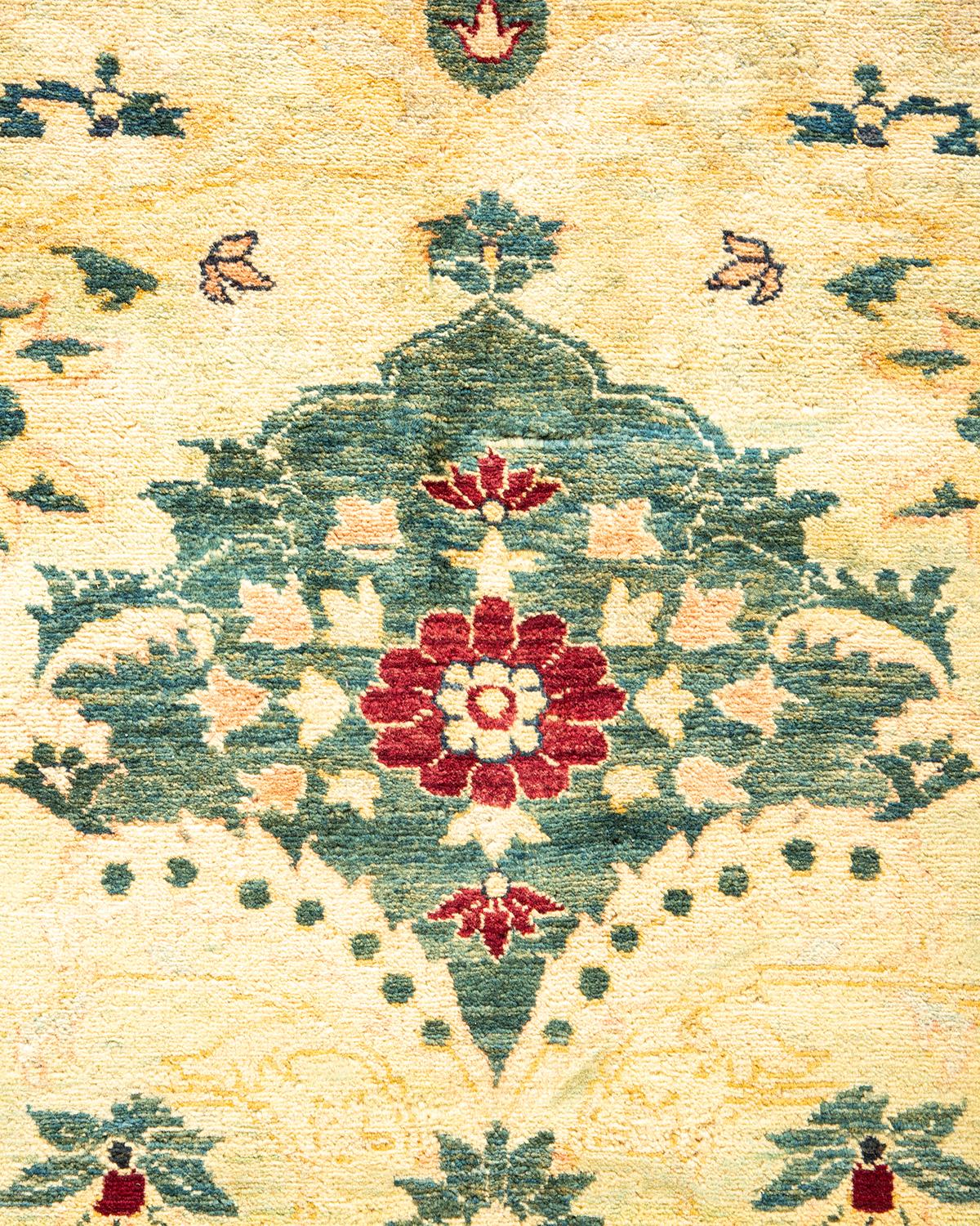 Contemporary One-Of-A-Kind Hand Made Traditional Mogul Green Area Rug For Sale