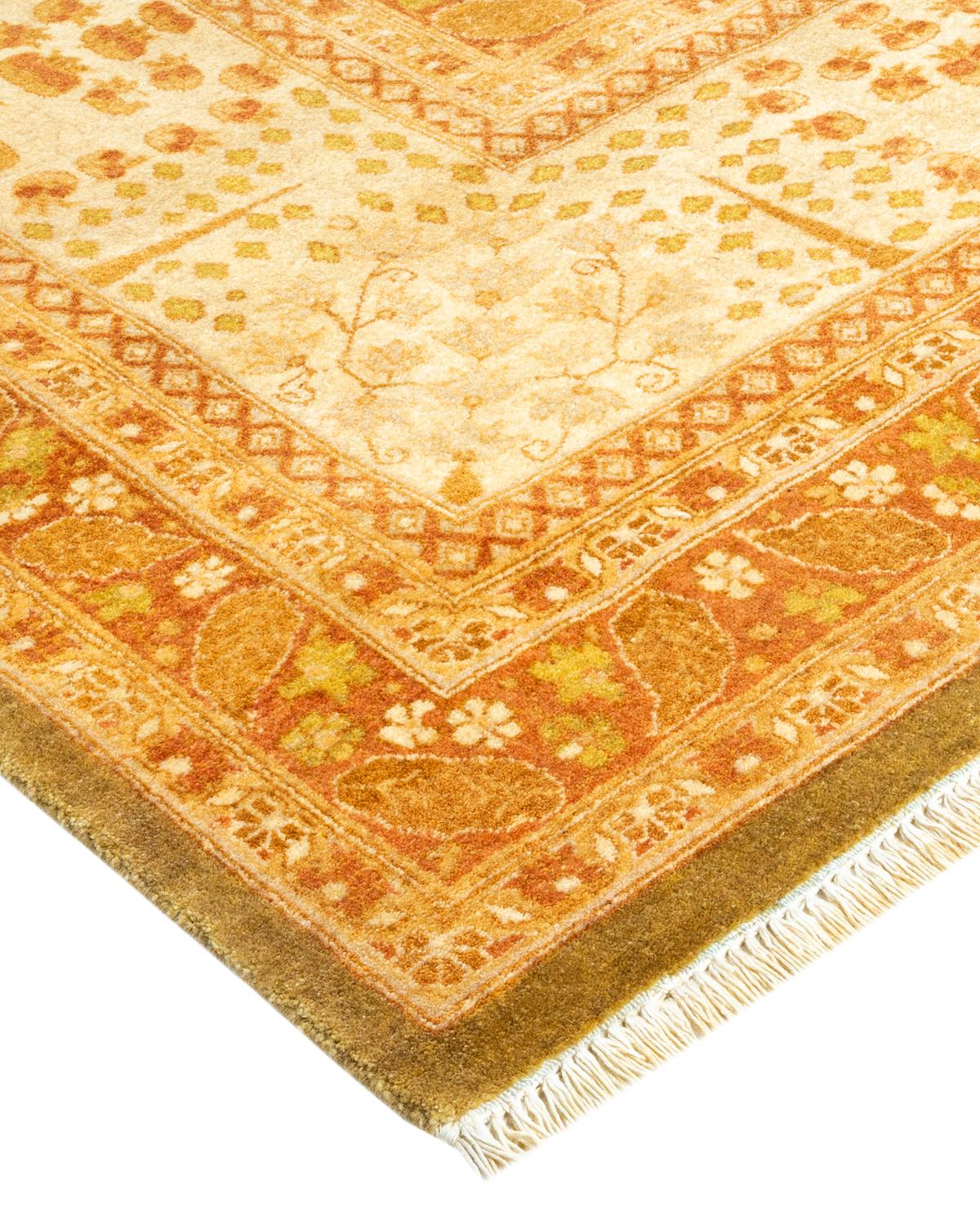 Laine Tapis traditionnel Mogul vert unique fait à la main, unique en son genre en vente
