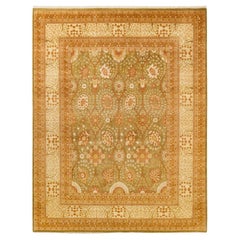 Tapis traditionnel Mogul vert unique fait à la main, unique en son genre