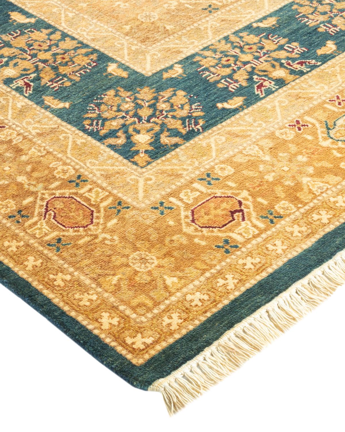 Laine Tapis traditionnel vert moghol unique fait main, unique en son genre en vente