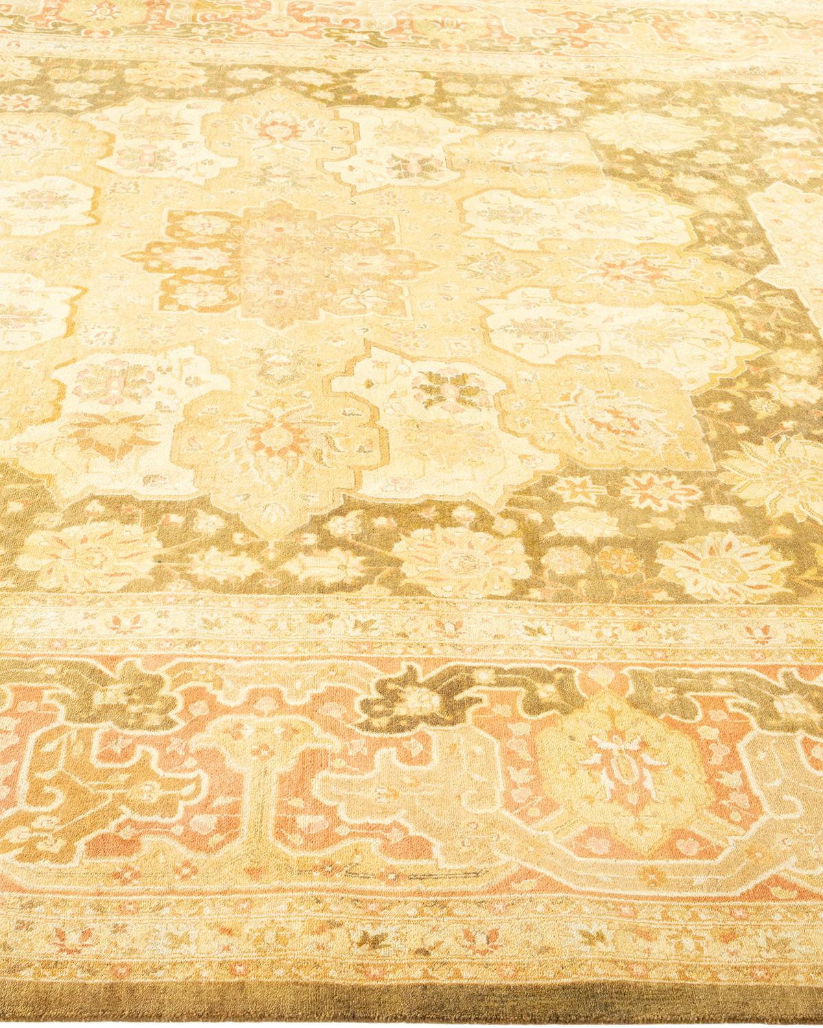 One-Of-A-Kind Hand Made Traditional Mogul Green Area Rug In New Condition For Sale In Norwalk, CT