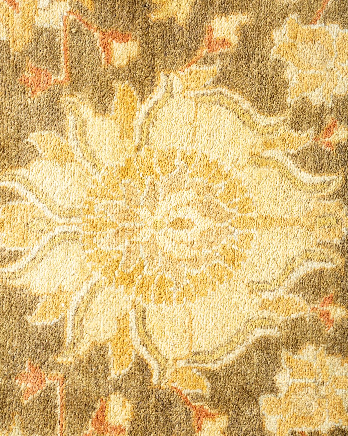 Contemporary One-Of-A-Kind Hand Made Traditional Mogul Green Area Rug For Sale