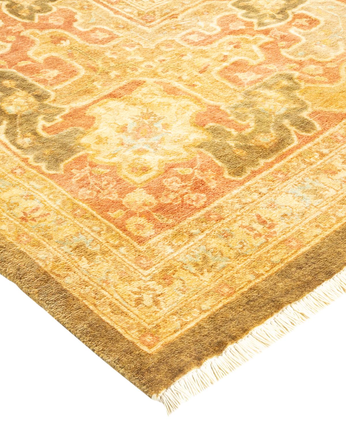 Wool One-Of-A-Kind Hand Made Traditional Mogul Green Area Rug For Sale