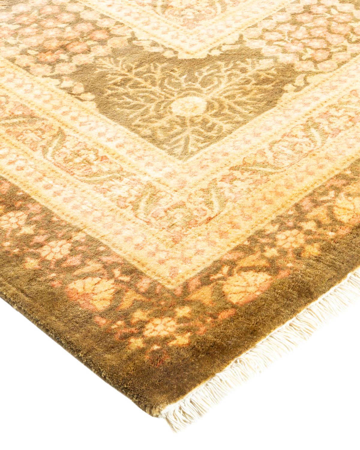 Laine Tapis traditionnel vert moghol unique fait main, unique en son genre en vente