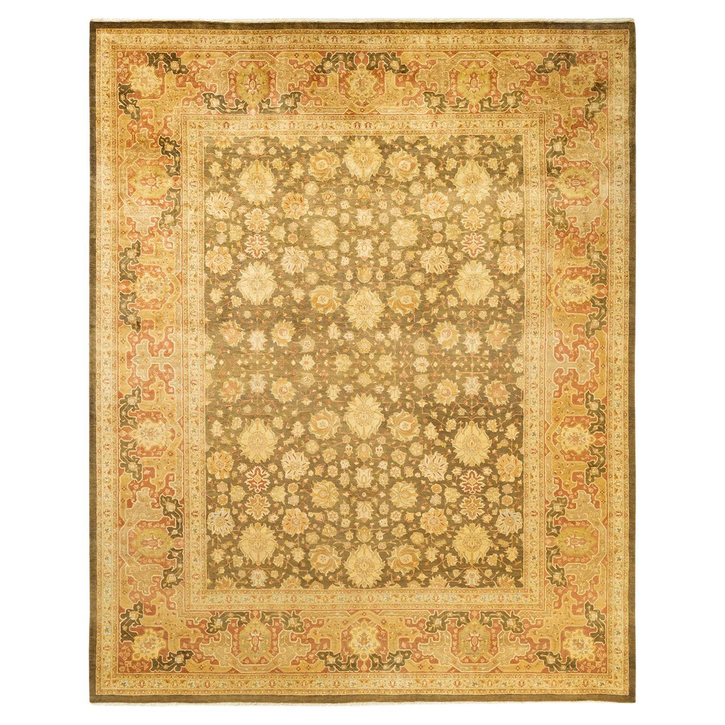 One-of-a-kind Hand Made Traditional Mogul Green Area Rug For Sale
