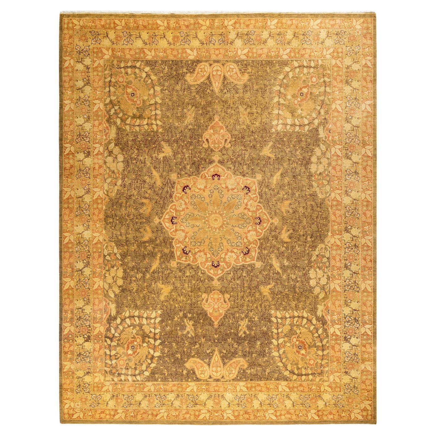 Tapis traditionnel Mogul vert, unique en son genre, fabriqué à la main