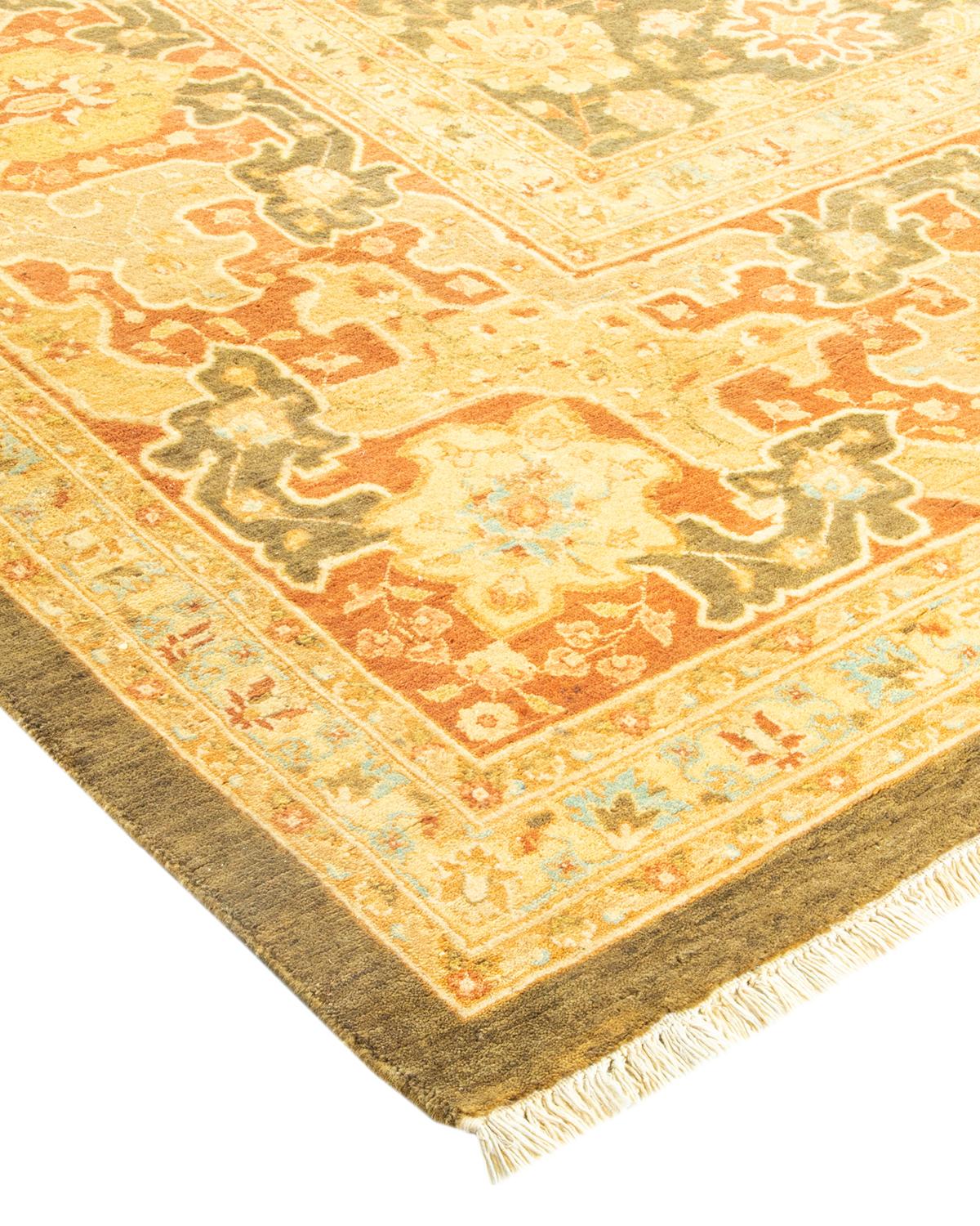 Laine Tapis traditionnel vert moghol unique fait main, unique en son genre en vente