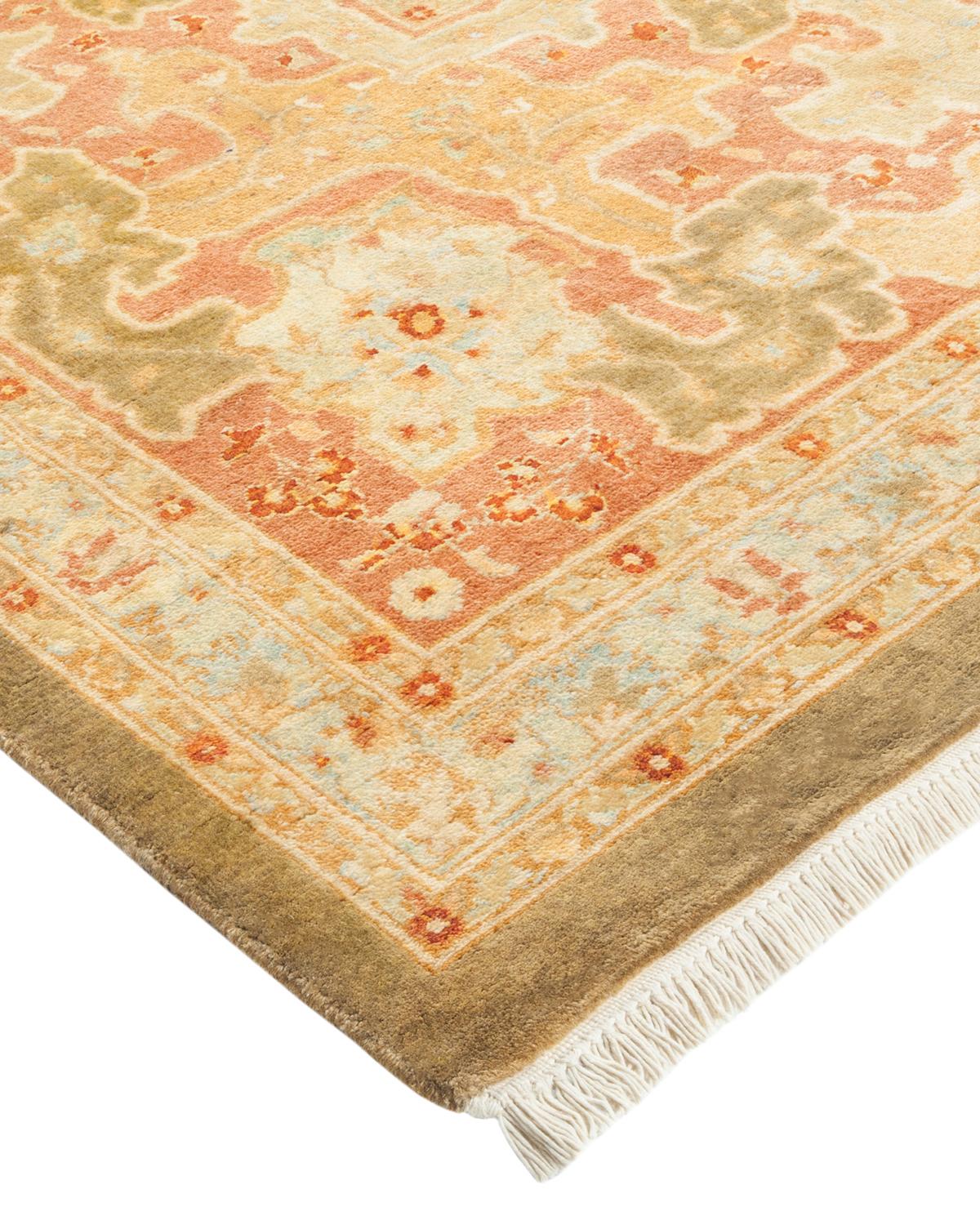 Laine Tapis traditionnel vert moghol unique fait main, unique en son genre en vente