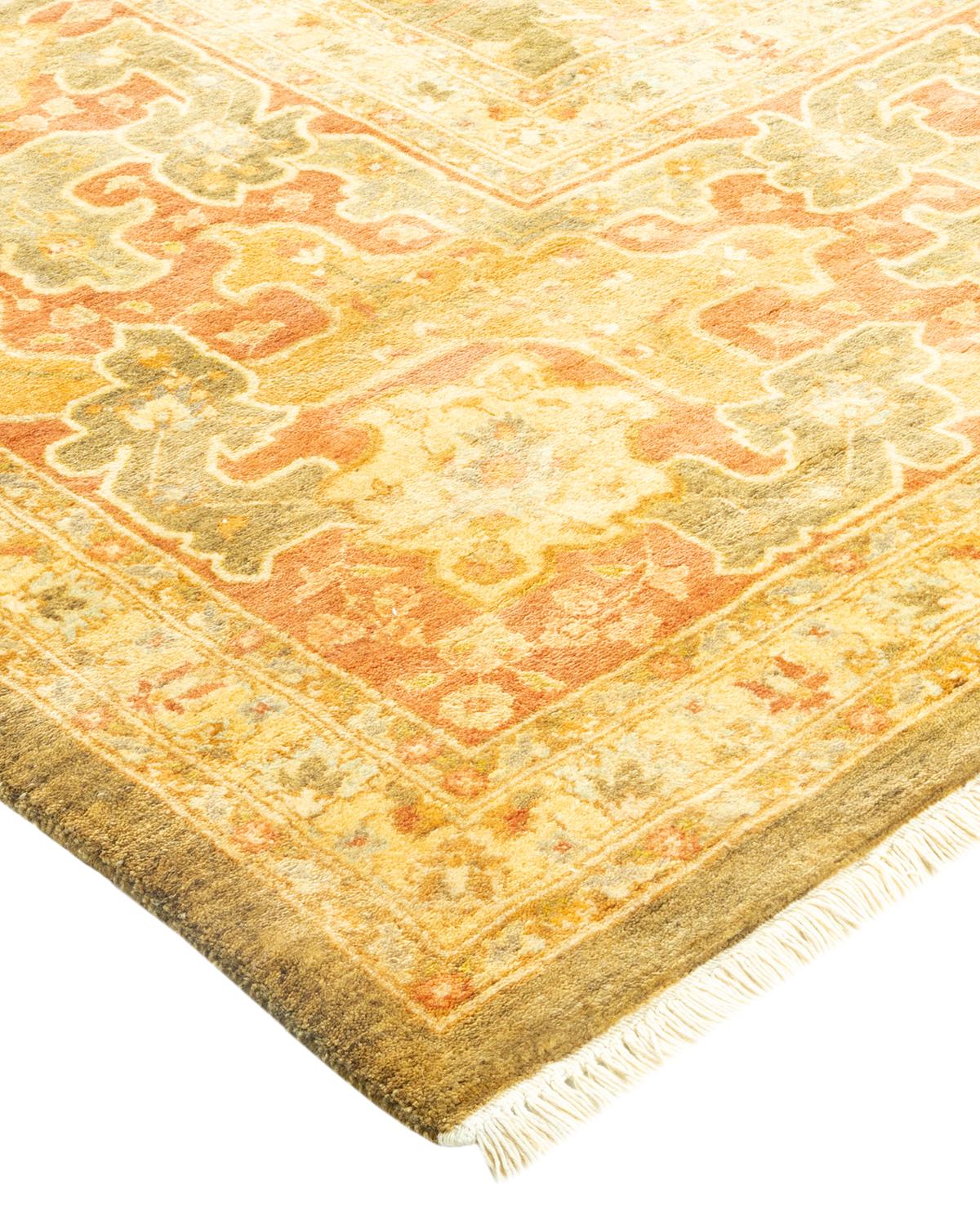 Laine Tapis traditionnel Mogul vert unique fait à la main, unique en son genre en vente