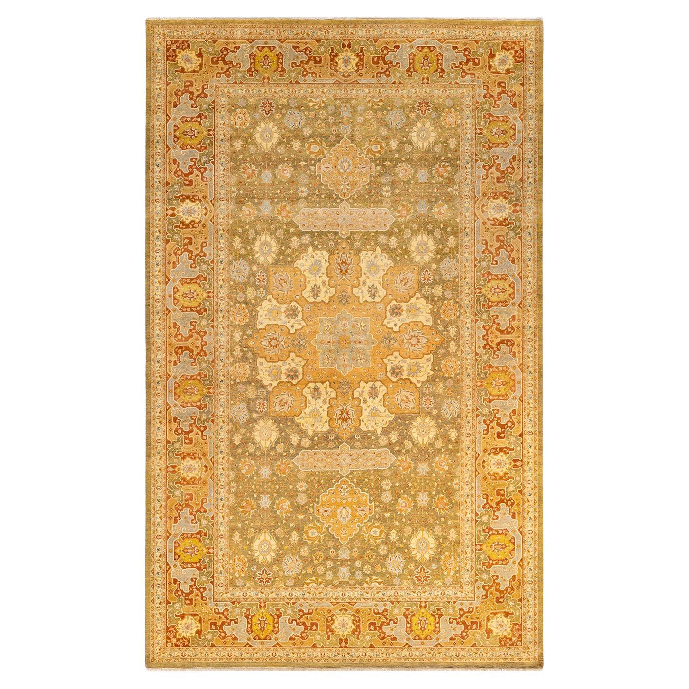 Tapis traditionnel Mogul vert unique fait à la main, unique en son genre