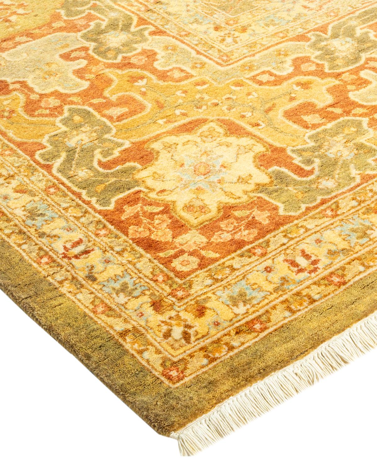 Laine Tapis traditionnel vert moghol unique fait main, unique en son genre en vente