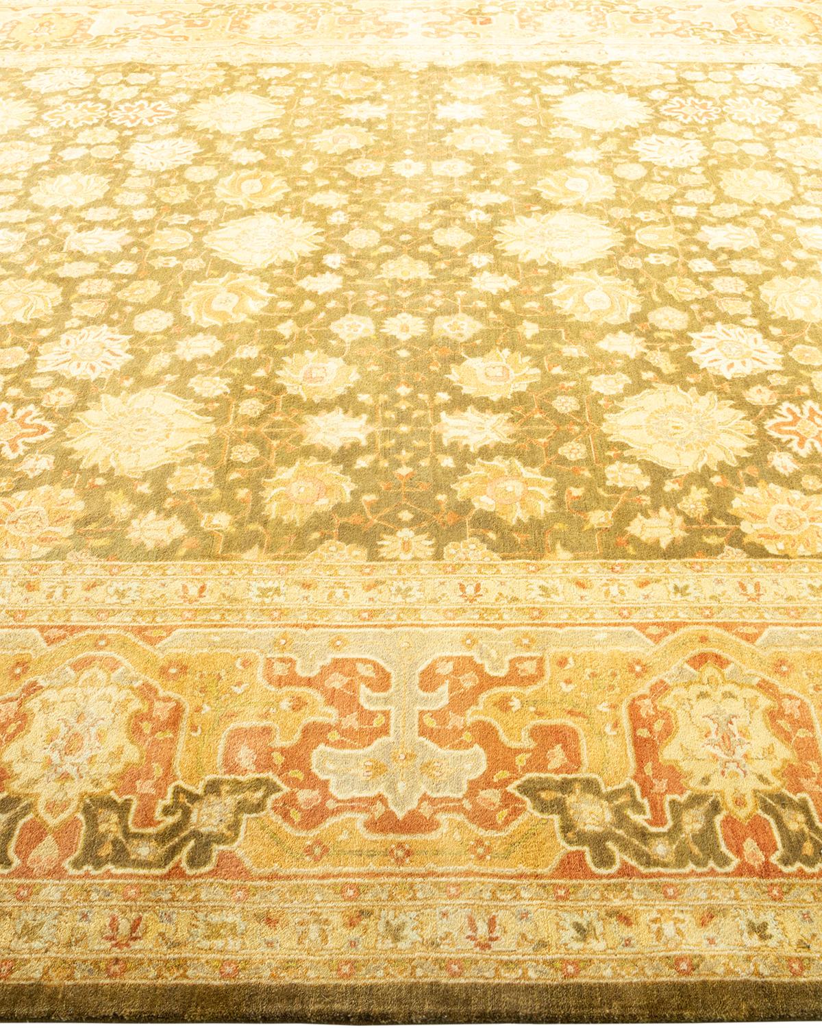 One-Of-A-Kind Hand Made Traditional Mogul Green Area Rug In New Condition For Sale In Norwalk, CT