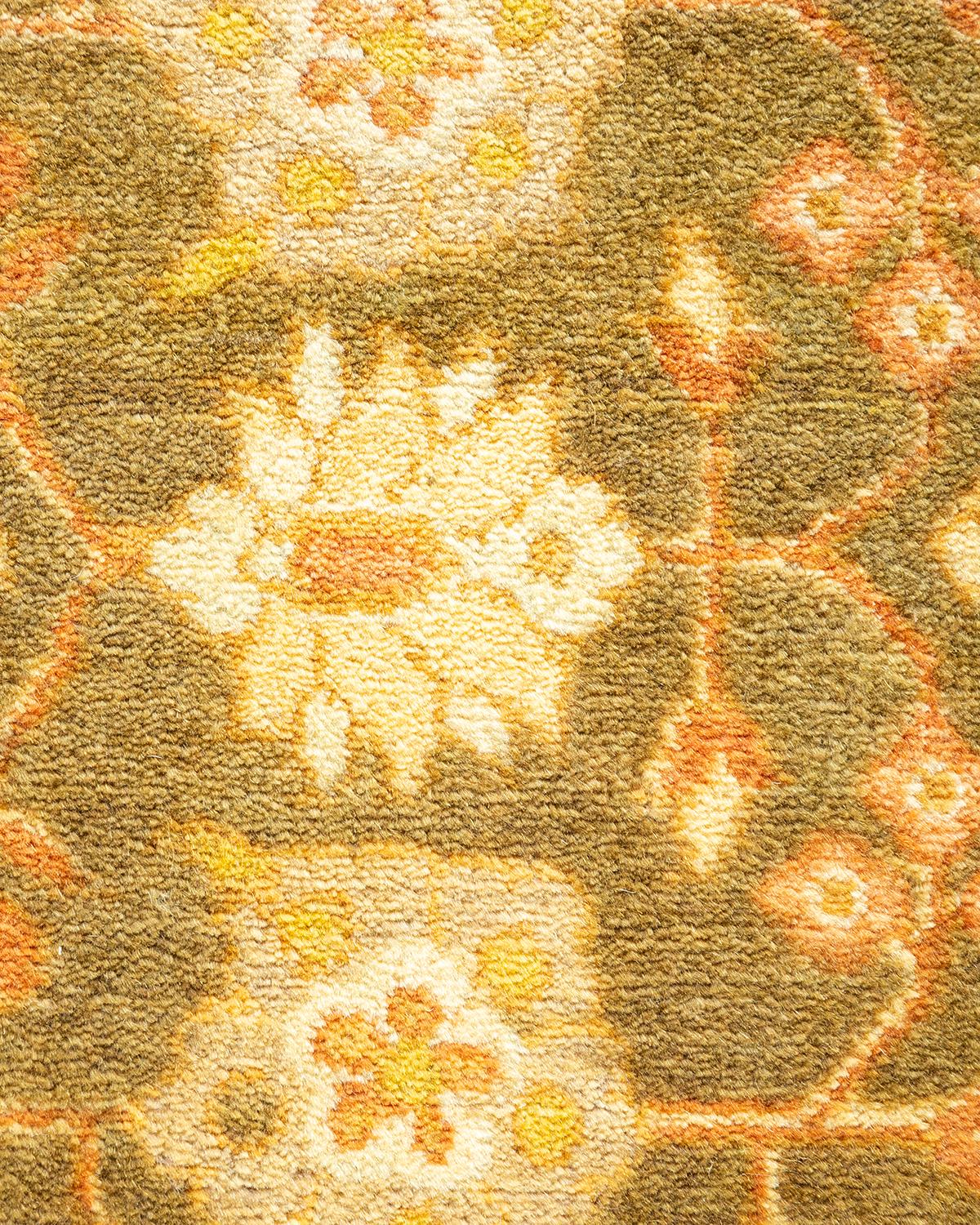 Contemporary One-Of-A-Kind Hand Made Traditional Mogul Green Area Rug For Sale