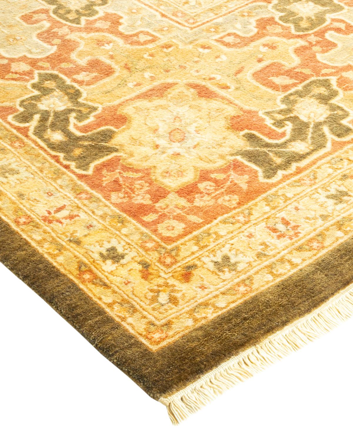 Wool One-Of-A-Kind Hand Made Traditional Mogul Green Area Rug For Sale