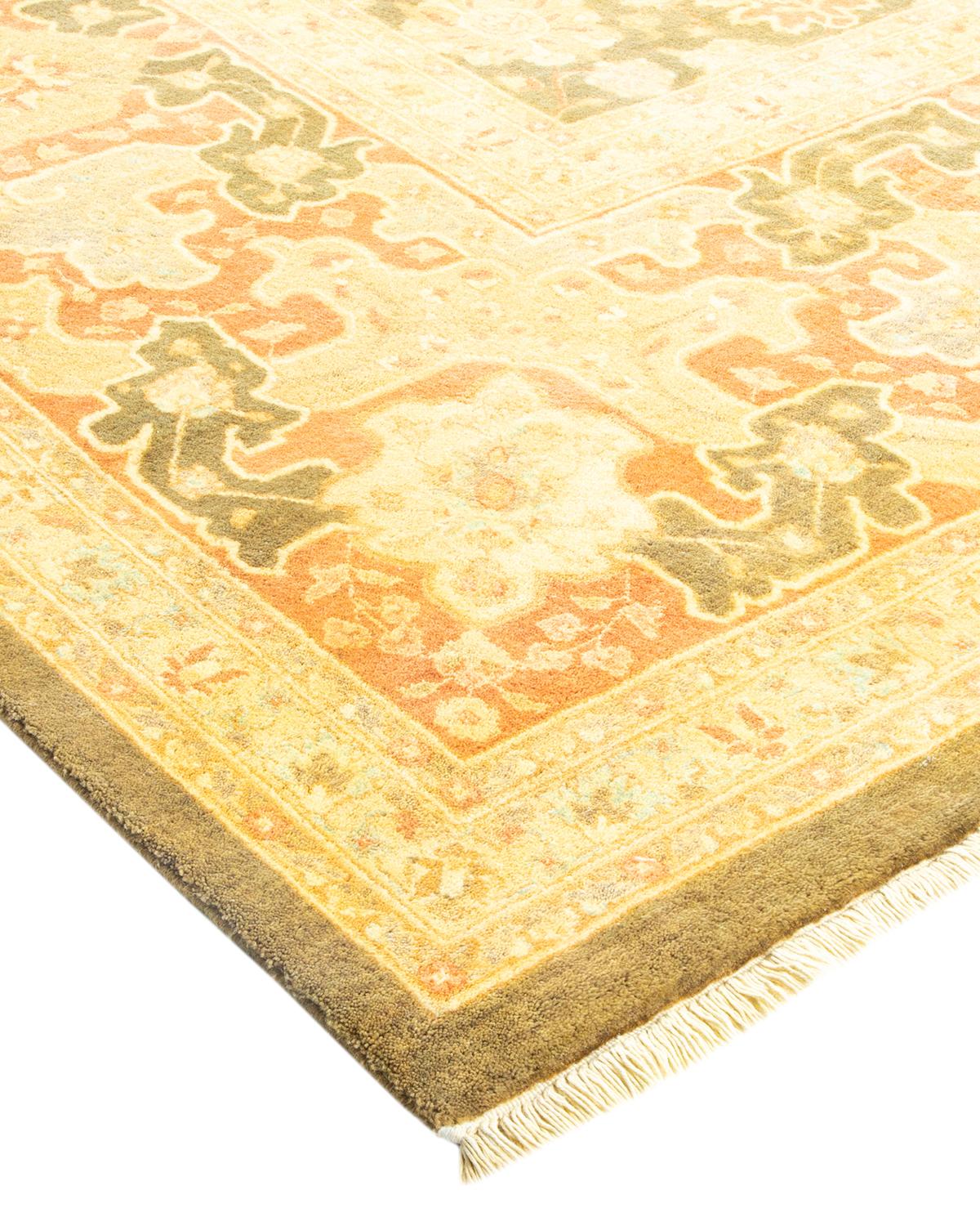 Laine Tapis traditionnel Mogul vert unique fait à la main, unique en son genre en vente