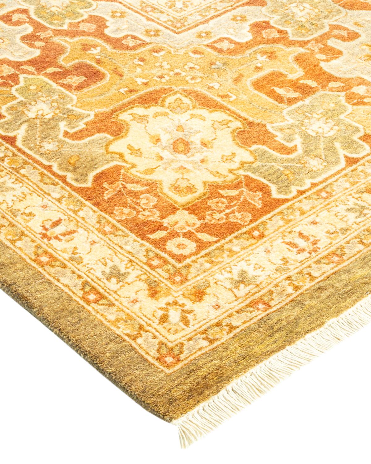 Laine Tapis traditionnel vert moghol unique fait main, unique en son genre en vente