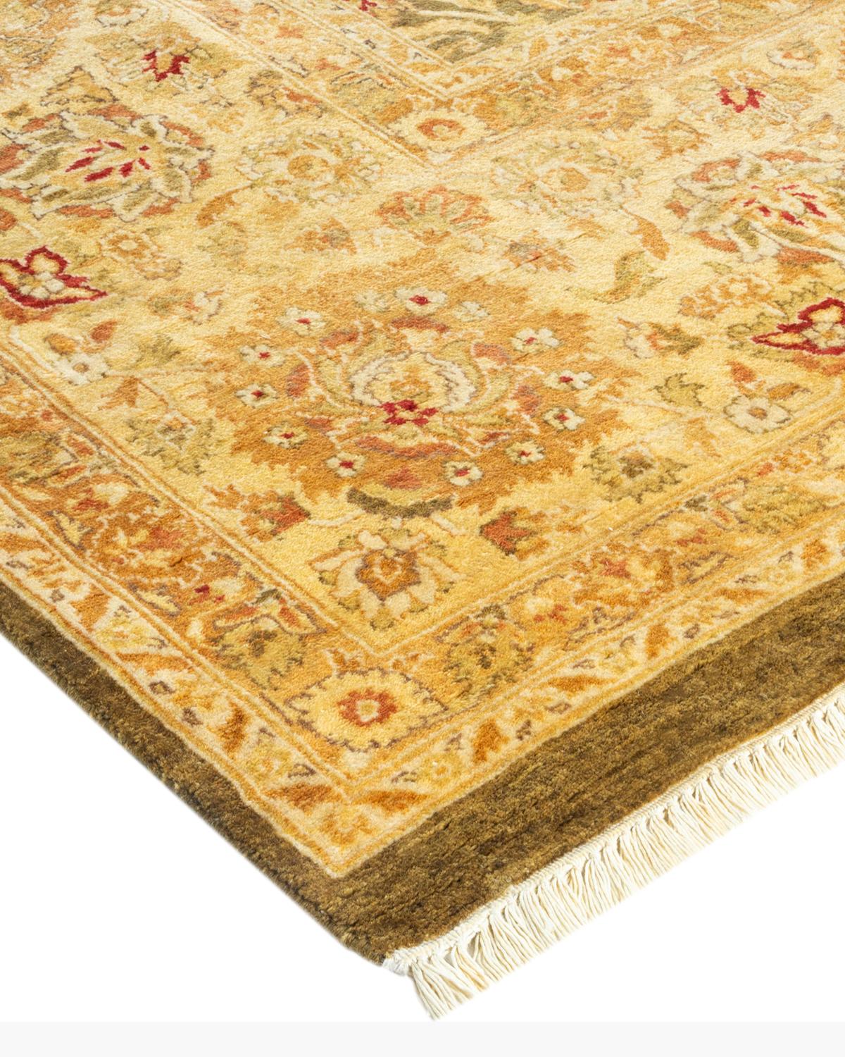 Laine Tapis traditionnel vert moghol unique fait main, unique en son genre en vente