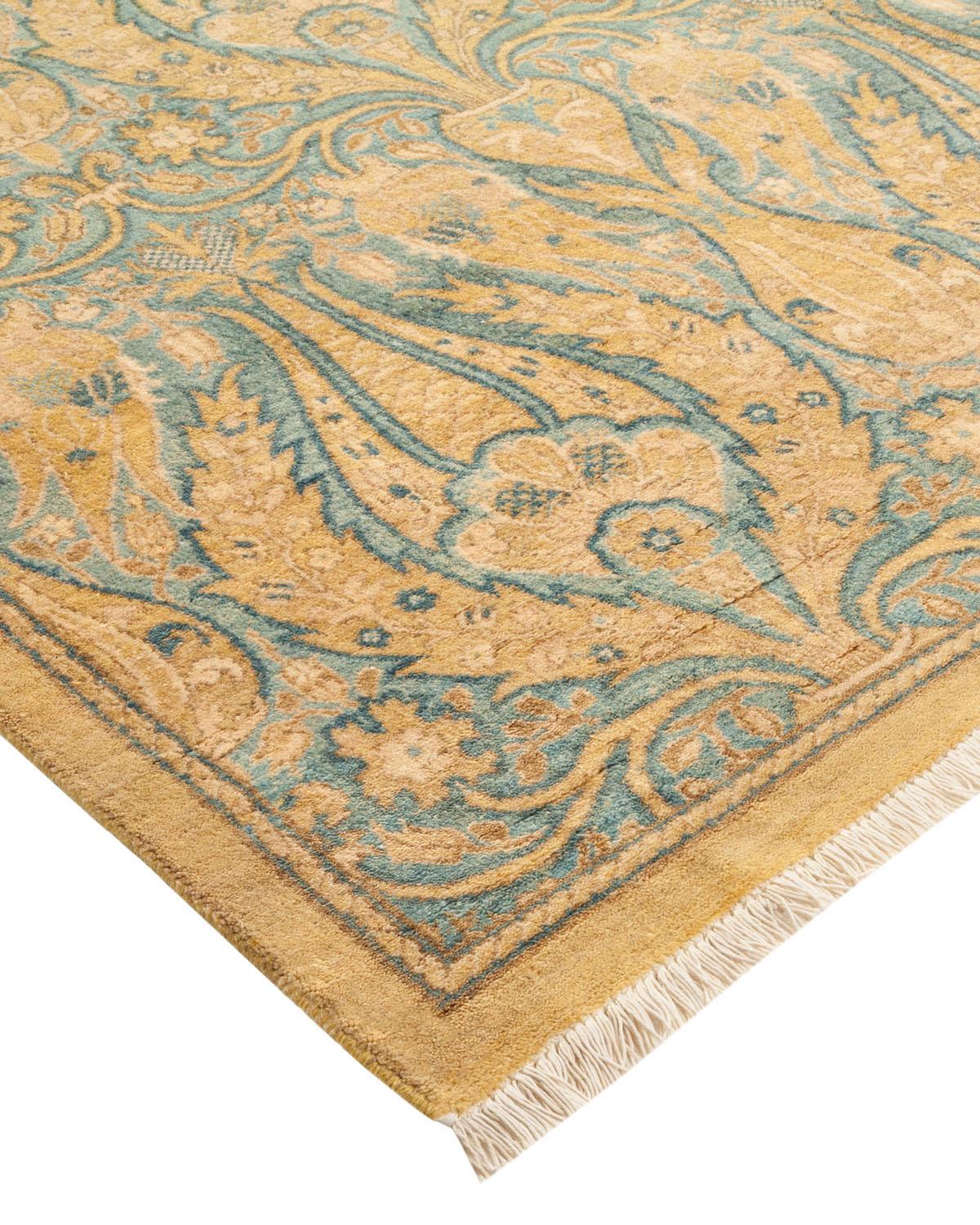 Laine Tapis traditionnel Mogul vert unique fait à la main, unique en son genre en vente