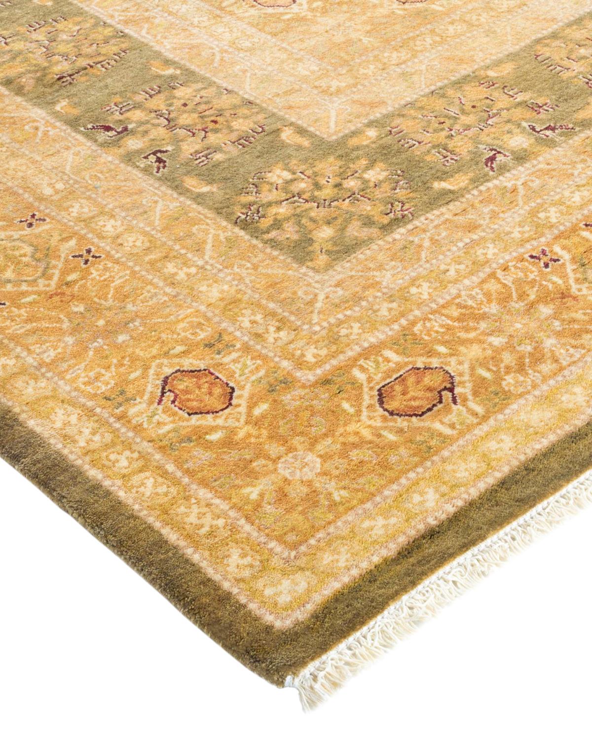 Laine Tapis traditionnel vert moghol unique fait main, unique en son genre en vente