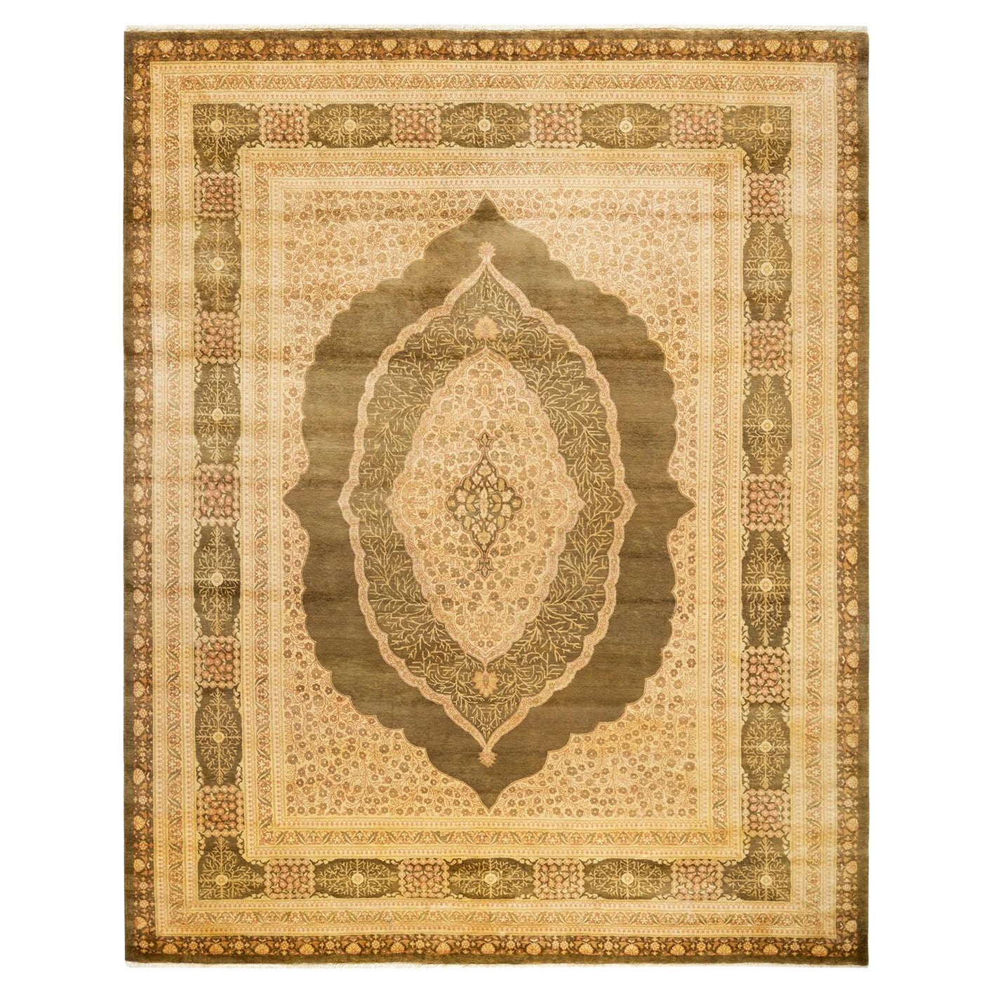 Tapis traditionnel vert moghol unique fait main, unique en son genre en vente