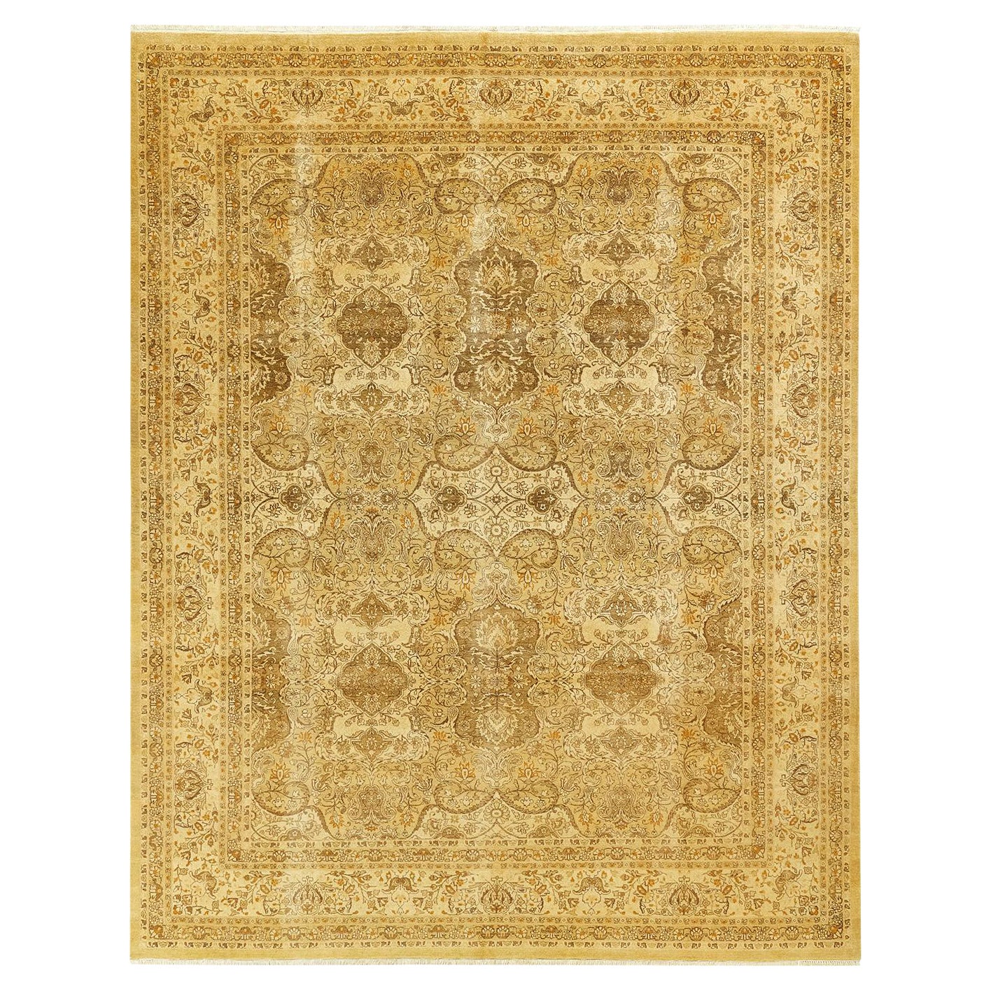 Tapis traditionnel Mogul vert, unique en son genre, fabriqué à la main