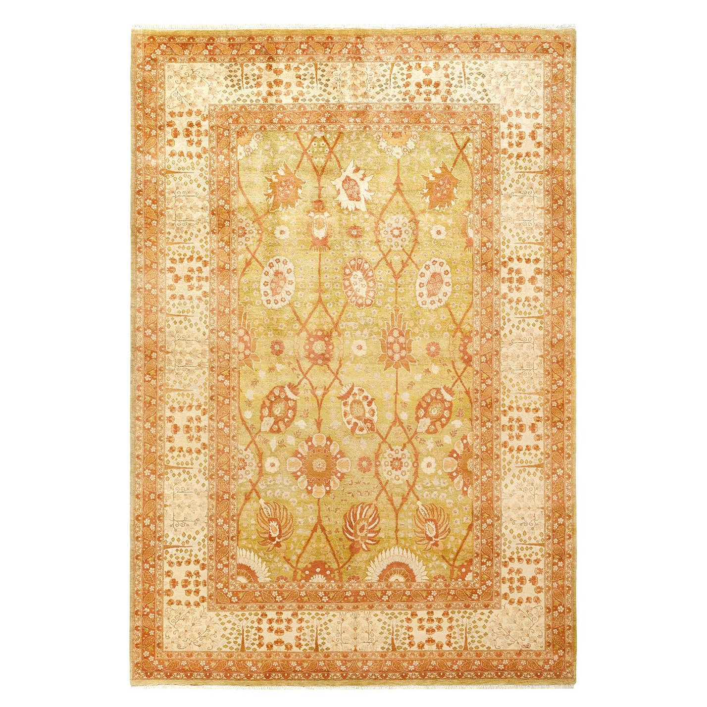 Tapis traditionnel Mogul vert, unique en son genre, fabriqué à la main