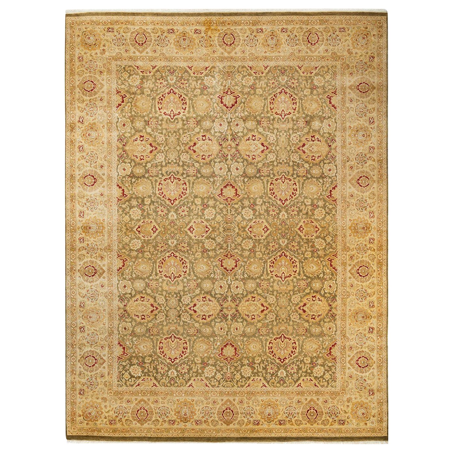 Tapis traditionnel vert moghol unique fait main, unique en son genre