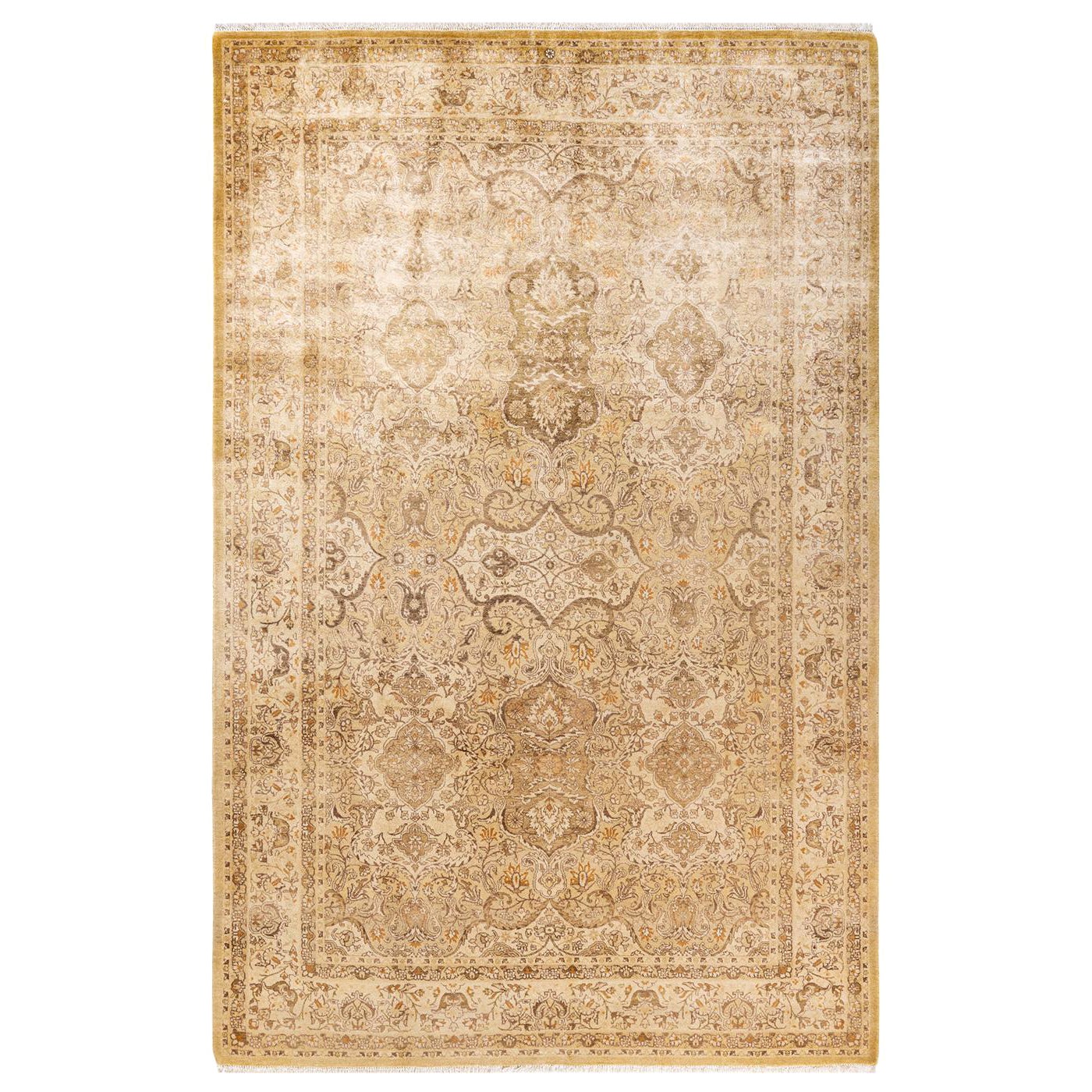 Tapis traditionnel Mogul vert unique fait à la main, unique en son genre