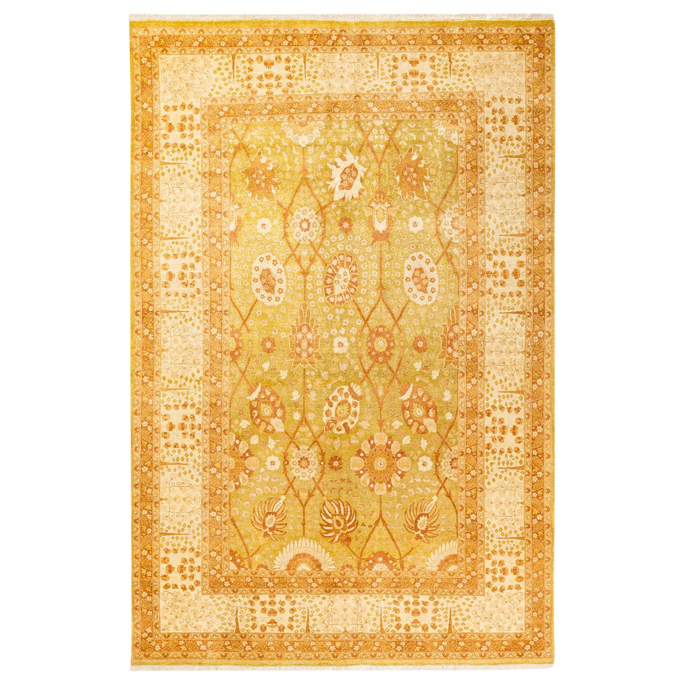 Tapis traditionnel Mogul vert, unique en son genre, fabriqué à la main