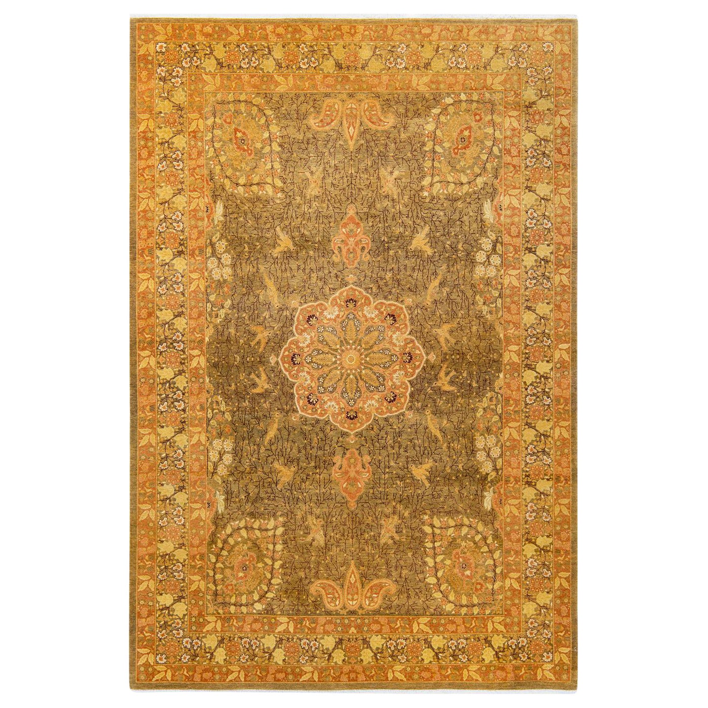 Tapis traditionnel vert moghol unique fait main, unique en son genre