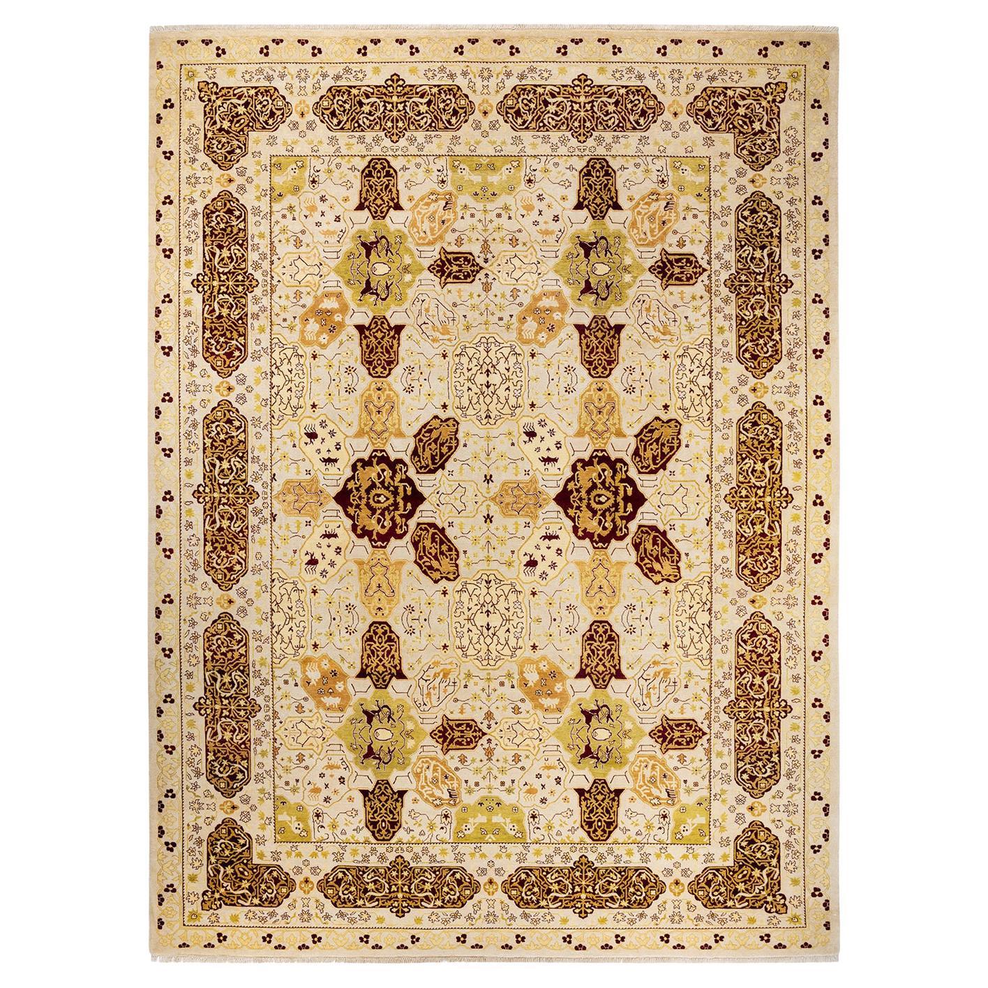 One-Of-A-Kind Hand Made Traditional Mogul Ivory Area Rug