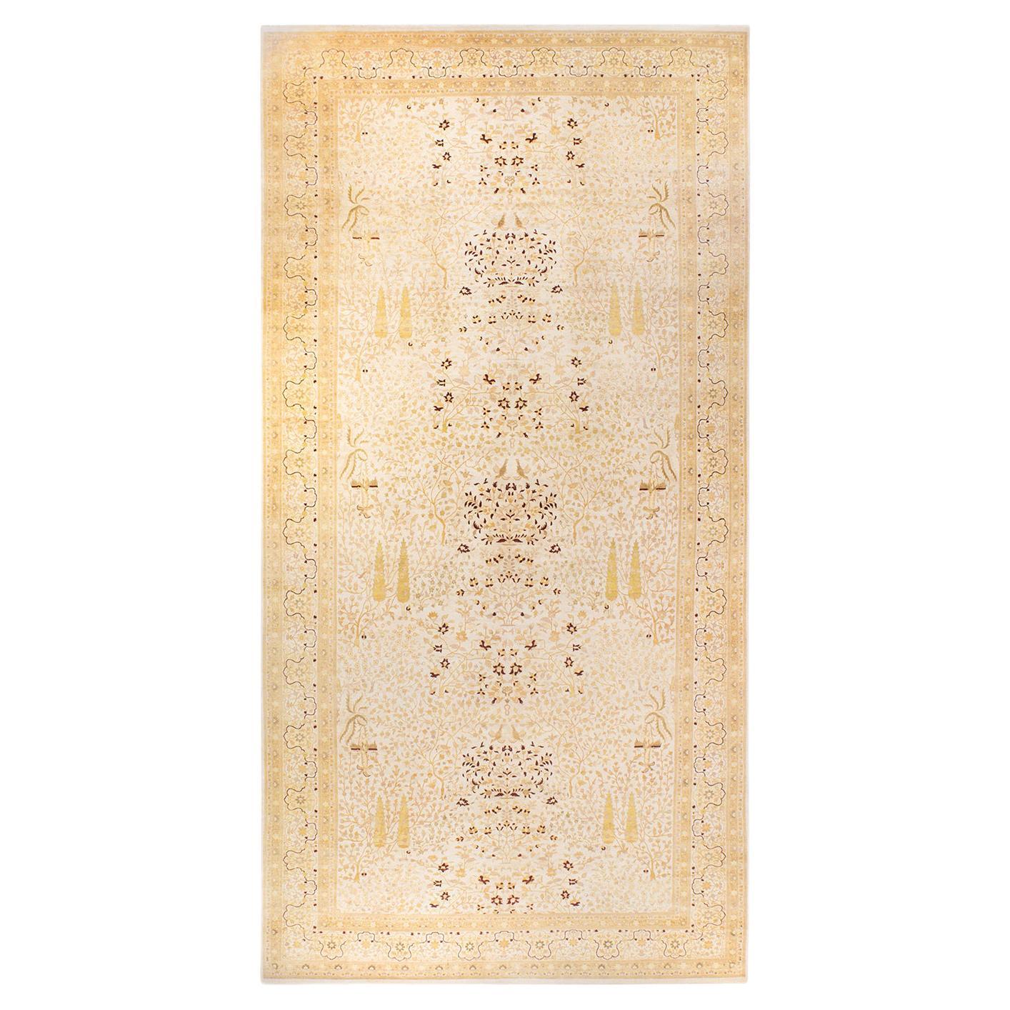 One-Of-A-Kind Hand Made Traditional Mogul Ivory Area Rug For Sale