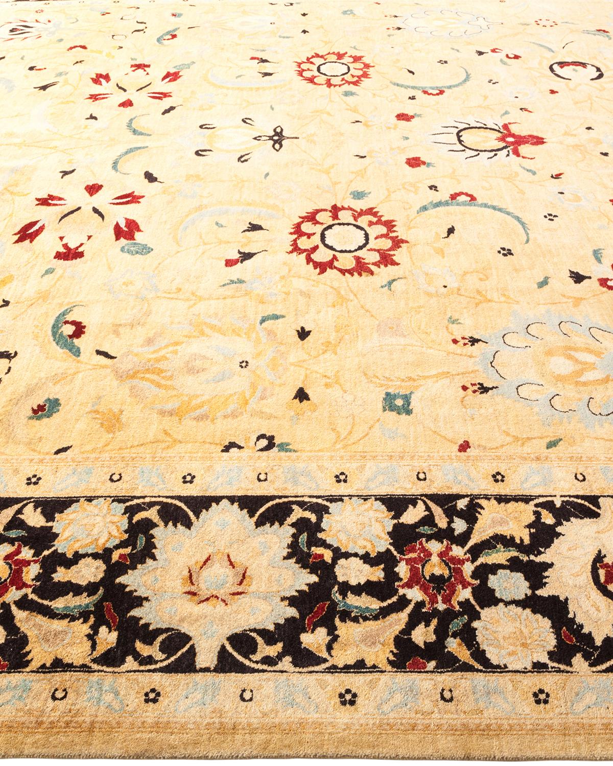 One-of-a-Kind Hand Made Traditional Mogul Ivory Area Rug In New Condition For Sale In Norwalk, CT
