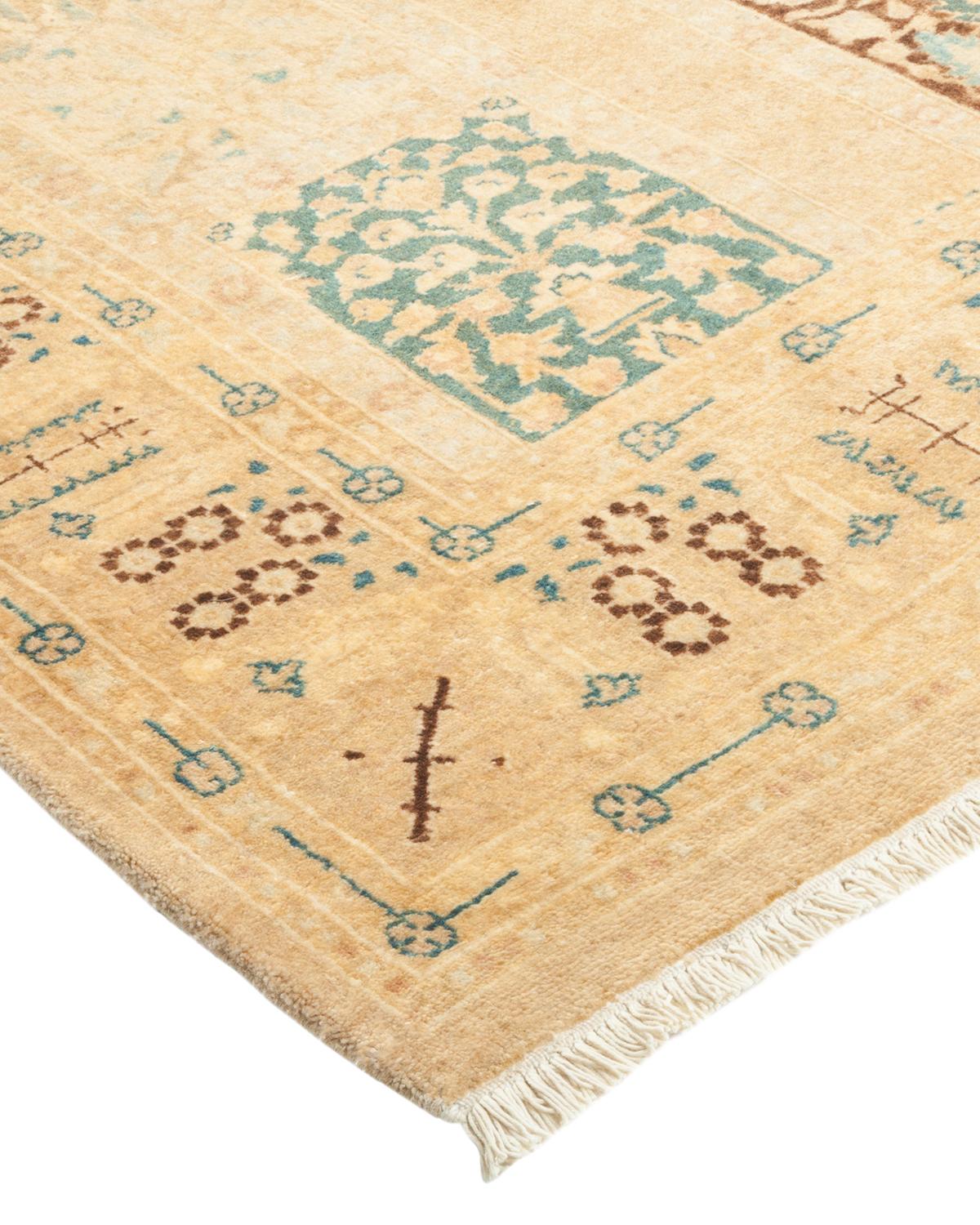 Wool One-Of-A-Kind Hand Made Traditional Mogul Ivory Area Rug For Sale