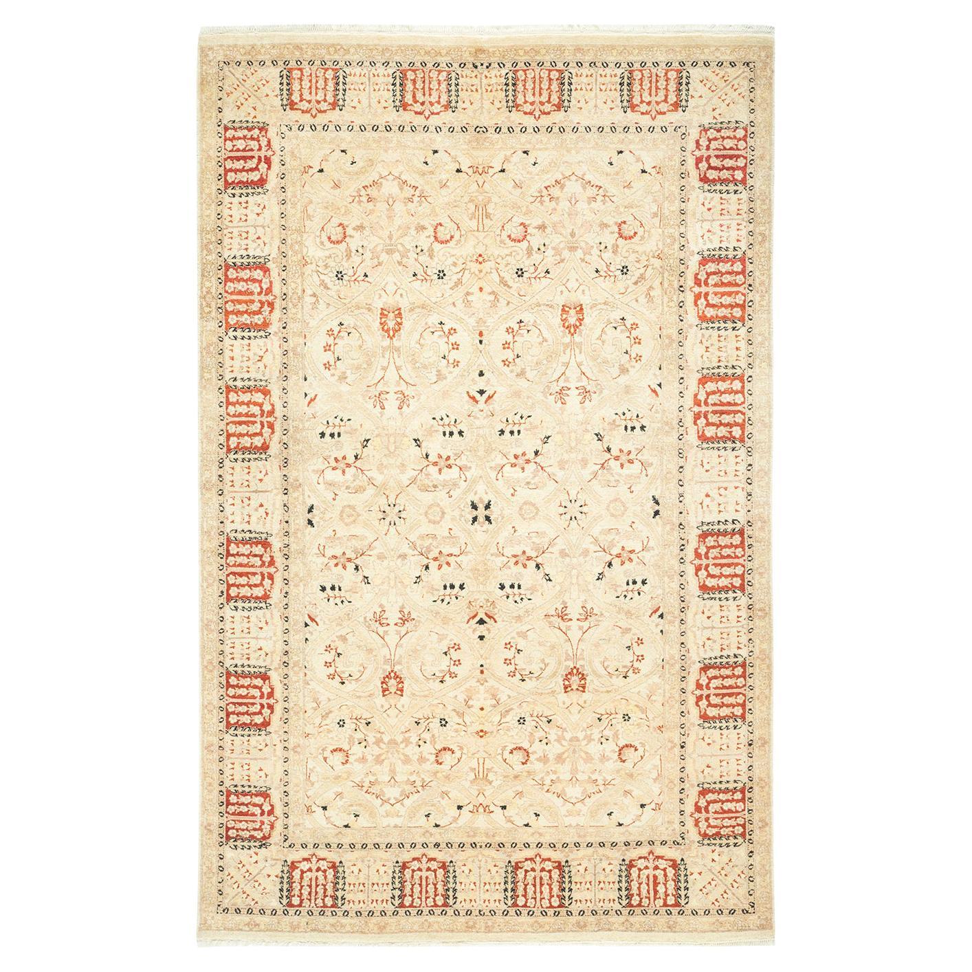 Tapis traditionnel ivoire Mogul unique en son genre fabriqué à la main