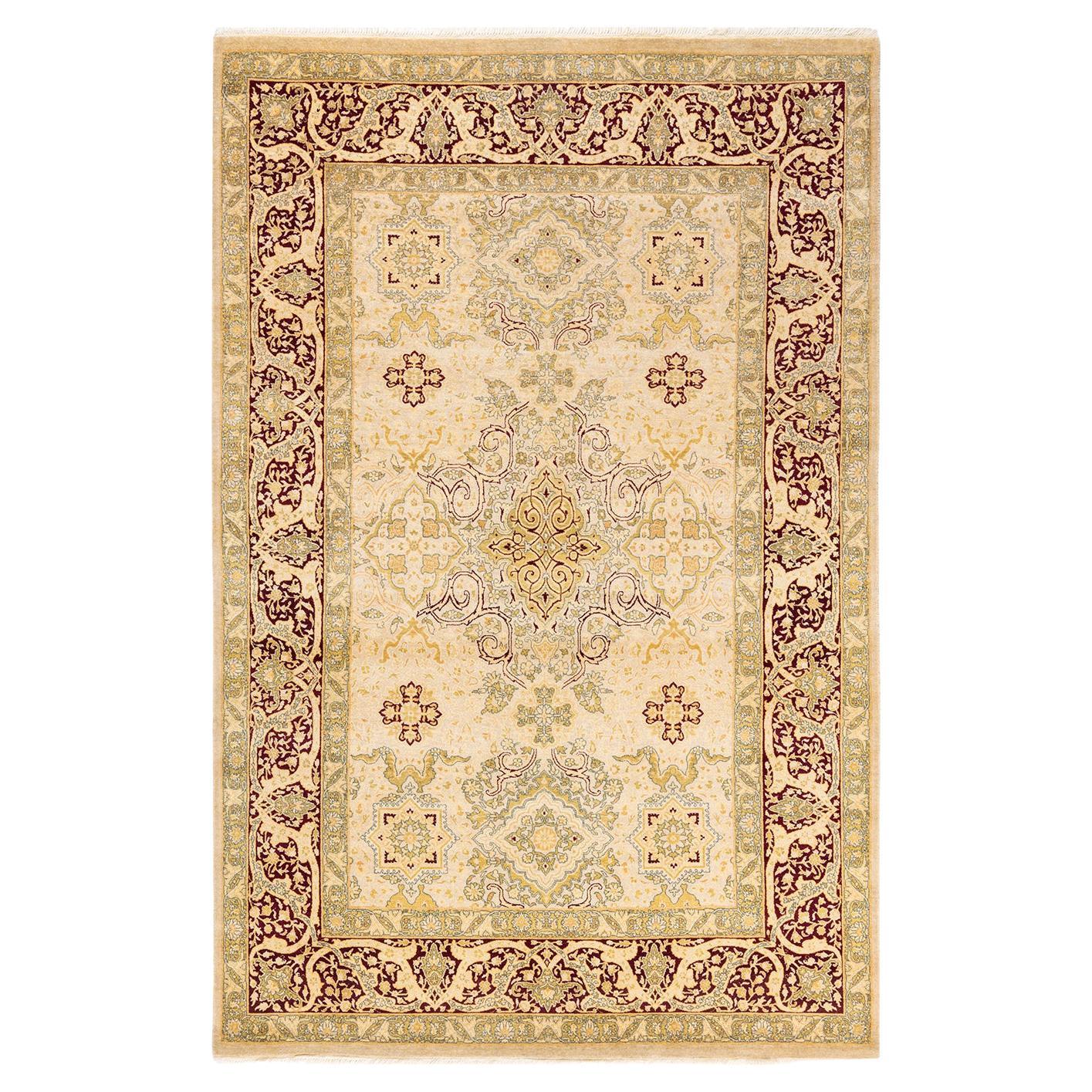 Tapis traditionnel Mogul ivoire unique en son genre fabriqué à la main