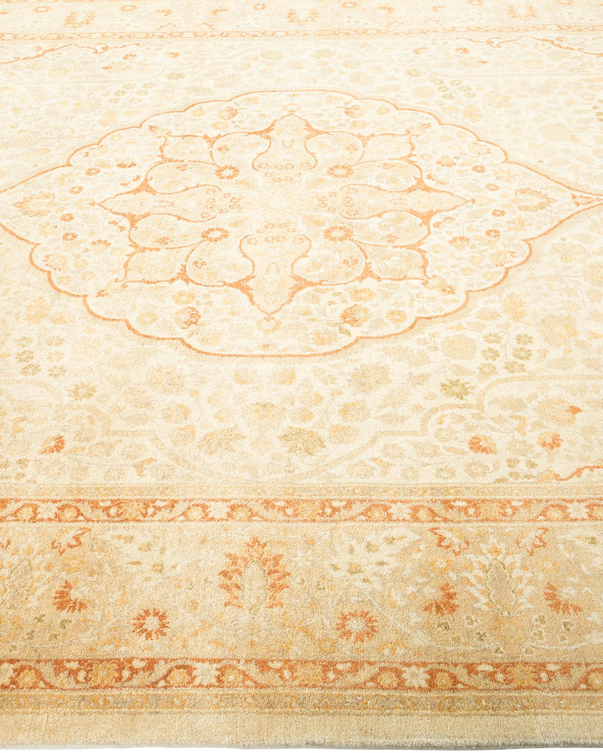 One-of-a-Kind Hand Made Traditional Mogul Ivory Area Rug In New Condition For Sale In Norwalk, CT