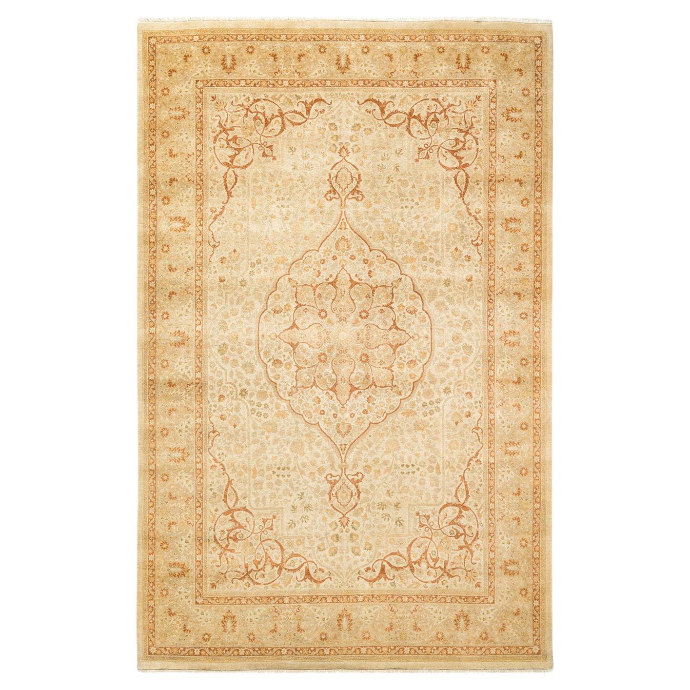 One-of-a-Kind Hand Made Traditional Mogul Ivory Area Rug For Sale