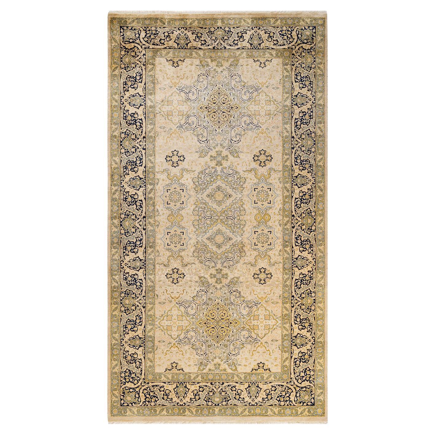 Tapis traditionnel ivoire Mogul unique en son genre fabriqué à la main