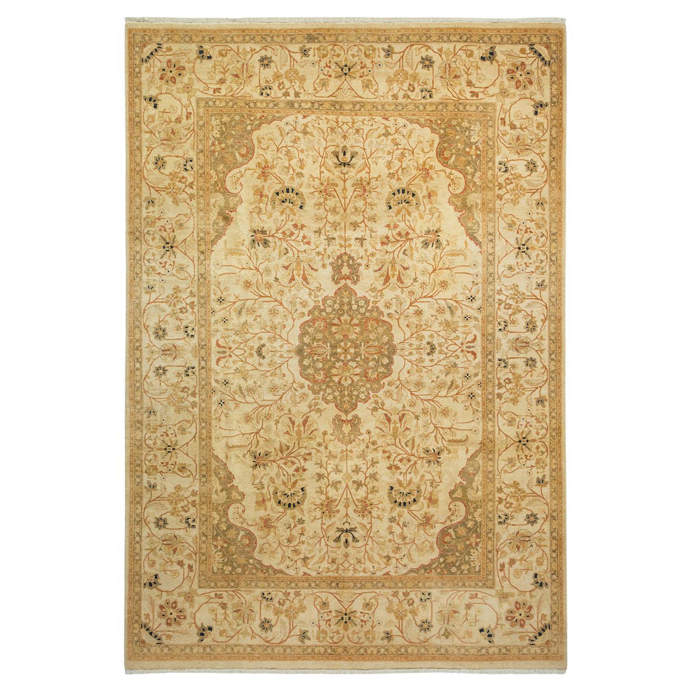 Tapis traditionnel ivoire Mogul unique en son genre fabriqué à la main