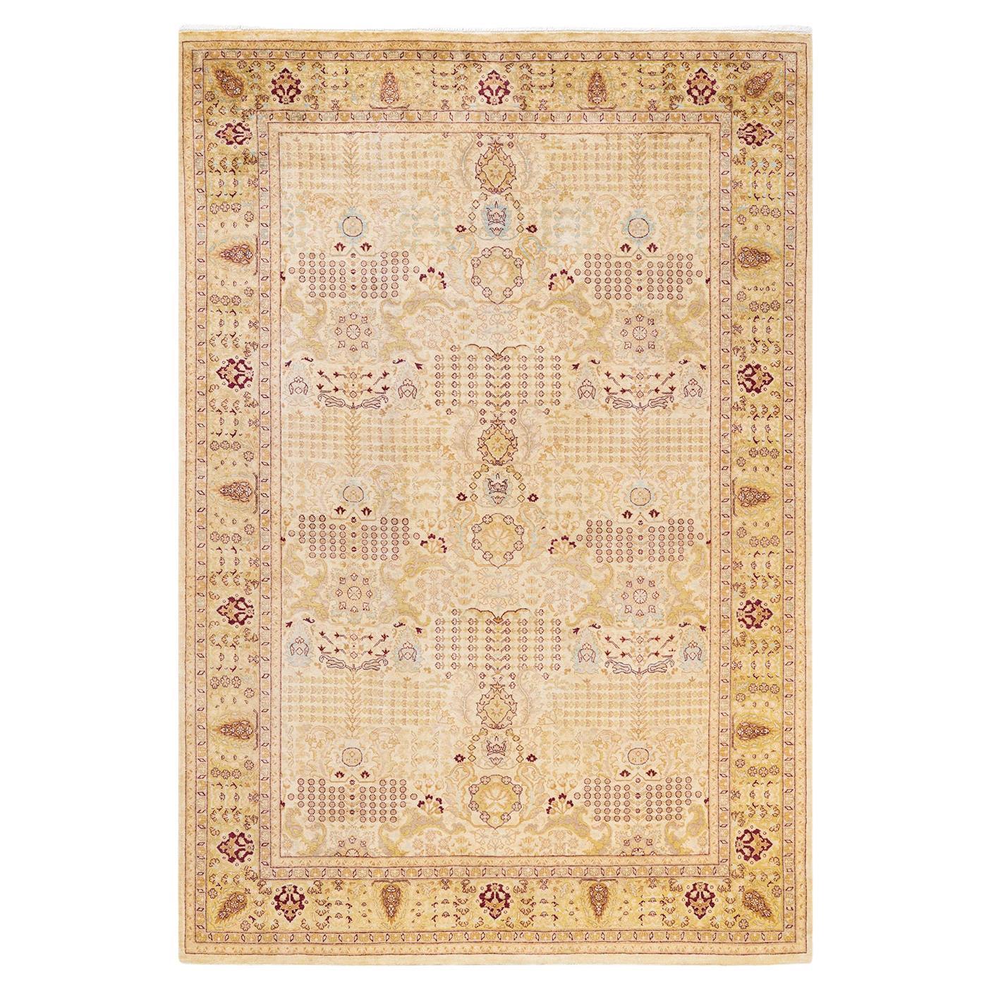 Tapis traditionnel ivoire Mogul unique en son genre fabriqué à la main